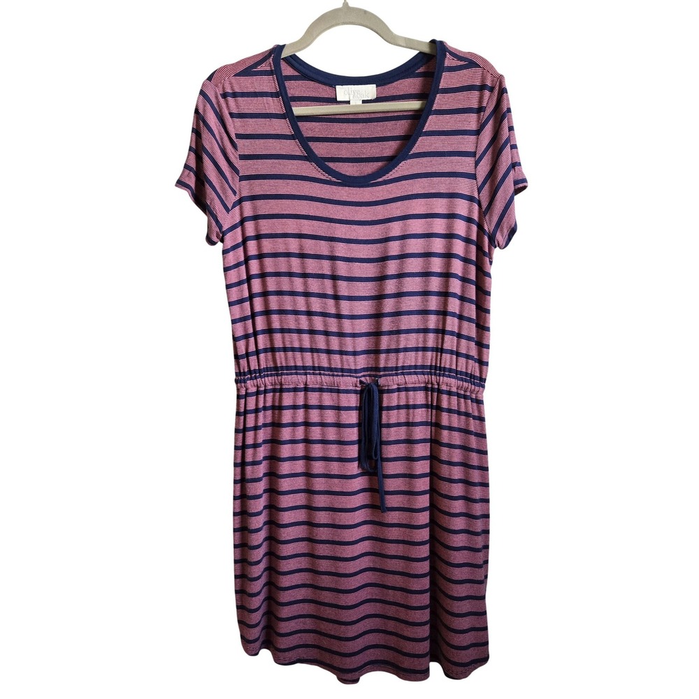 Olive & Oak Women L Sporty Striped Drawstring Waist T-Shirt Dress Pink Navy Blue